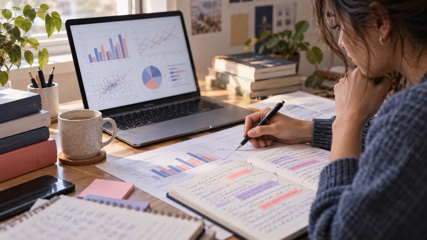 Mahasiswa mencocokkan grafik data penelitian pada laptop dengan catatan dan artikel ilmiah