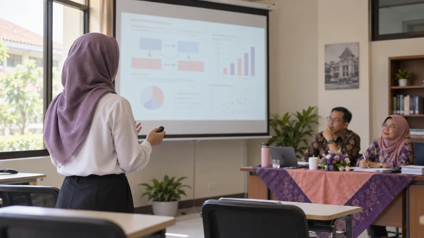 Mahasiswi mempresentasikan rancangan penelitian di hadapan dua penguji dalam ruang seminar kampus